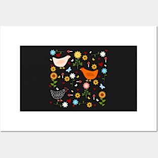 Chickens in the Garden with Sunflowers, Daisies, Dahlias, Hearts, and Mushrooms Posters and Art